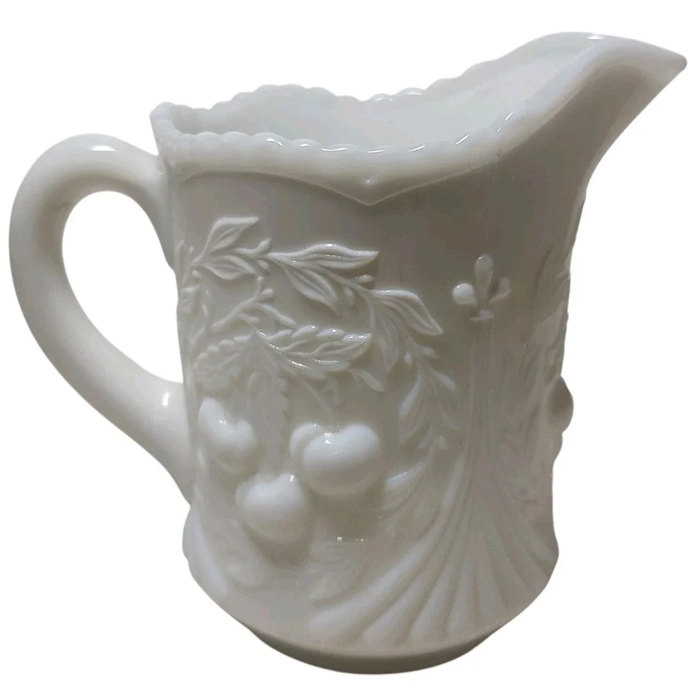 Vintage LG Wright Creamer White Milk‎ Glass Cherries Pattern Glass Pitcher Vase